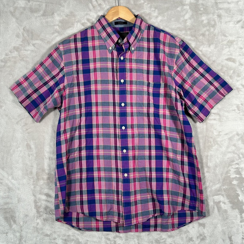 Pendleton Seaside Shirt Mens L Pink Purple Surf Plaid Short Sleeve Button Up